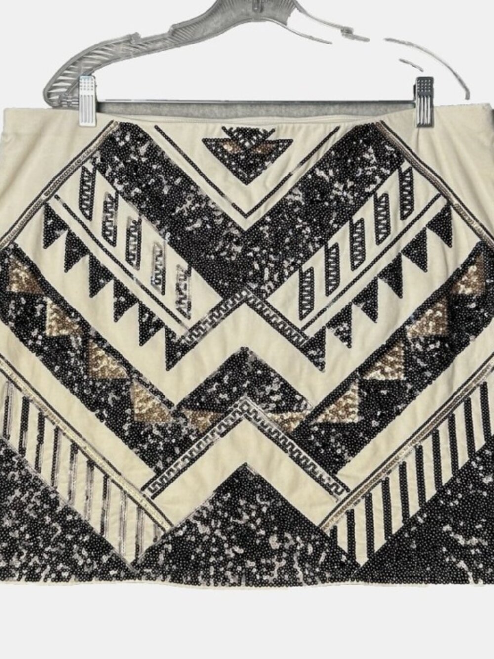 Express All Over Sequin Skirt Cream Black Gold Stretchy Mini Sz XL Glam Party